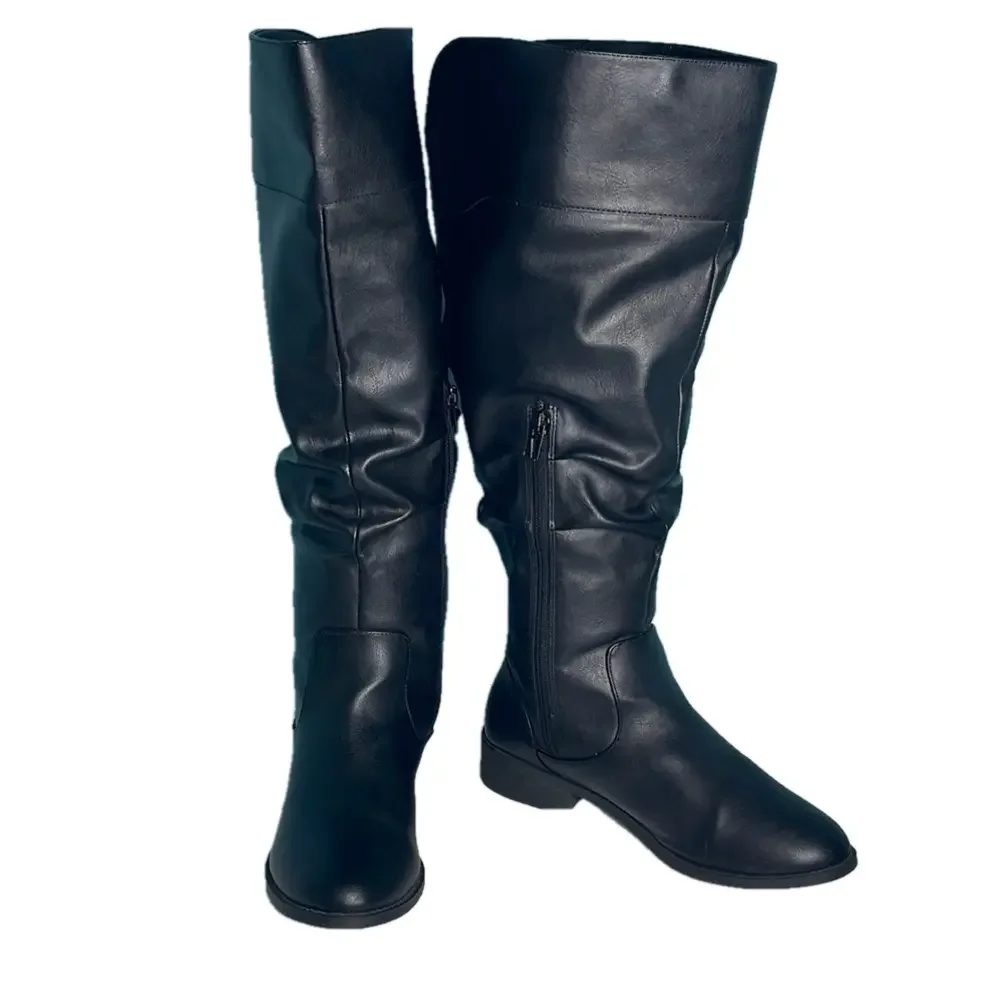 American Eagle Black Knee-High Riding Boots 8W Wide Zip Tall Low Heel Like New